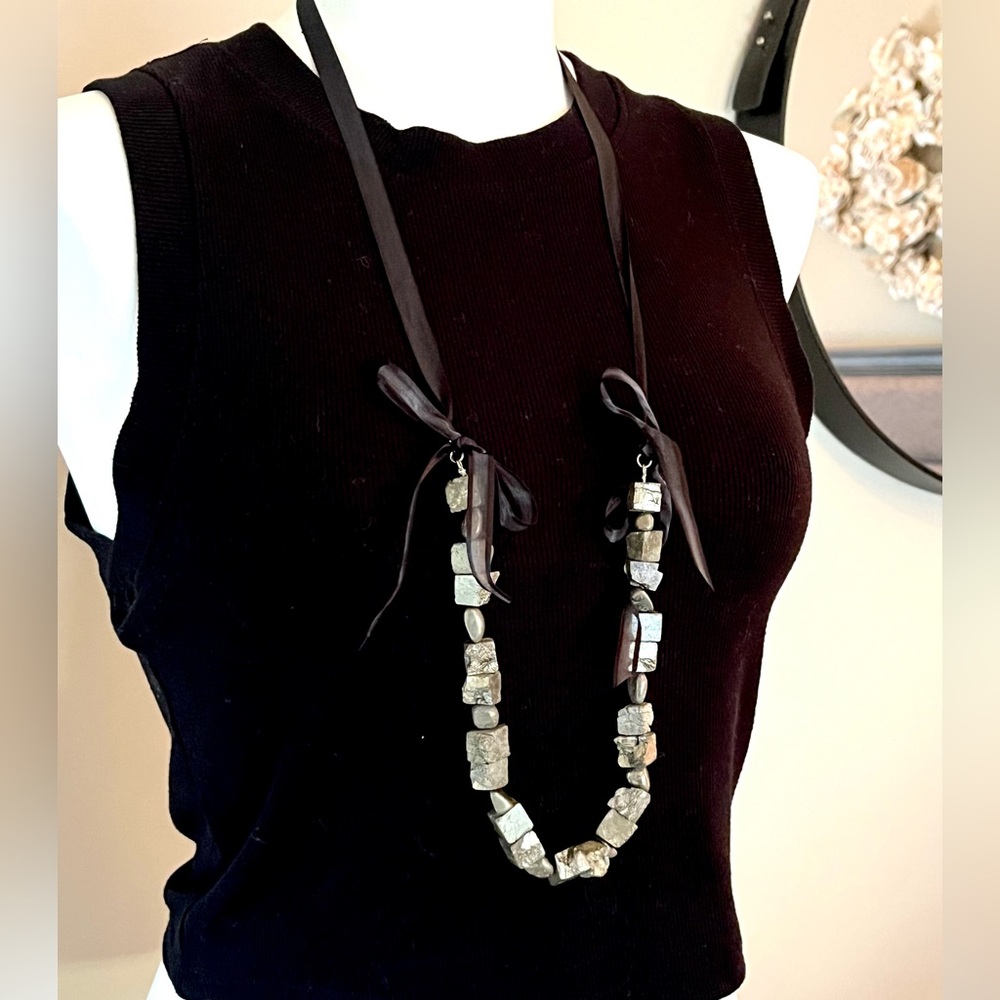 Genuine Raw Pyrite Long Ribbon Necklace